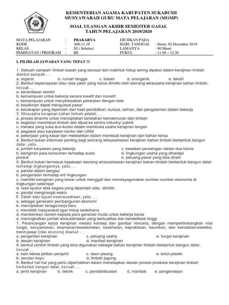 Soal Prakarya Kelas Xi Semester 1 Revisi 2019