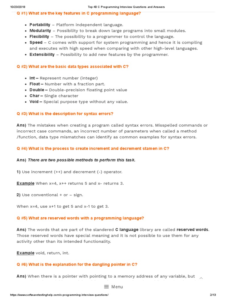 Top 40 C Programming Theory Questions and Answers | PDF | C ...