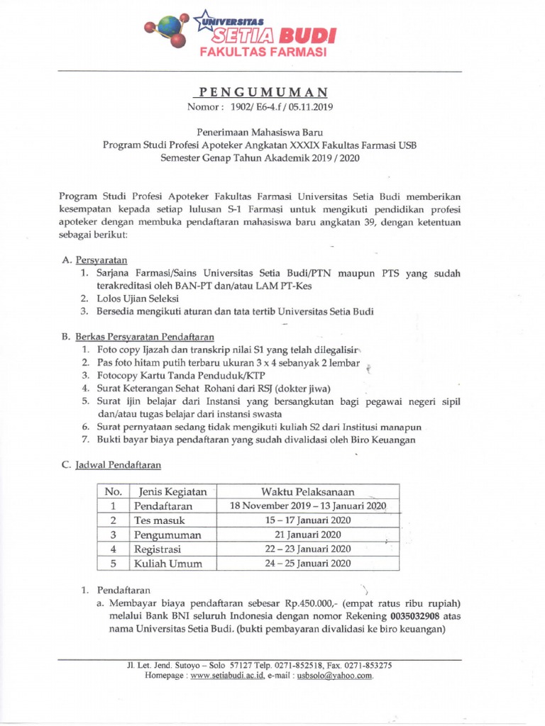 Pengumuman Penerimaan Mhs Baru Apoteker