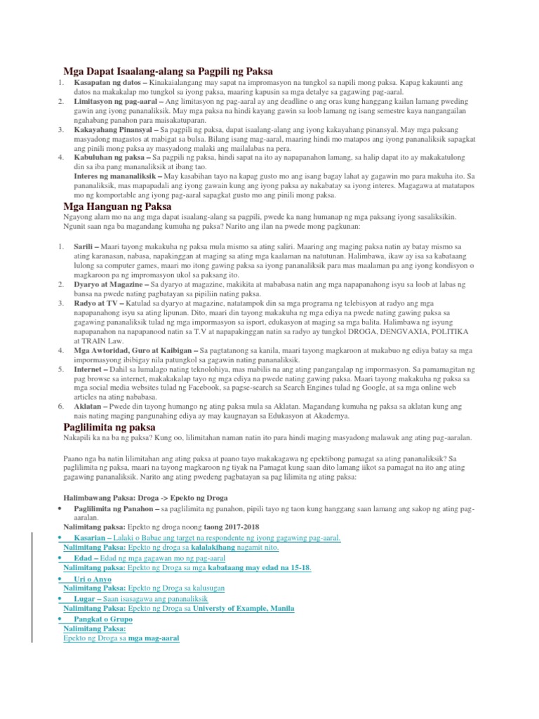 Mga Dapat Isaalang Alang Sa Pagpili NG Paksa | PDF