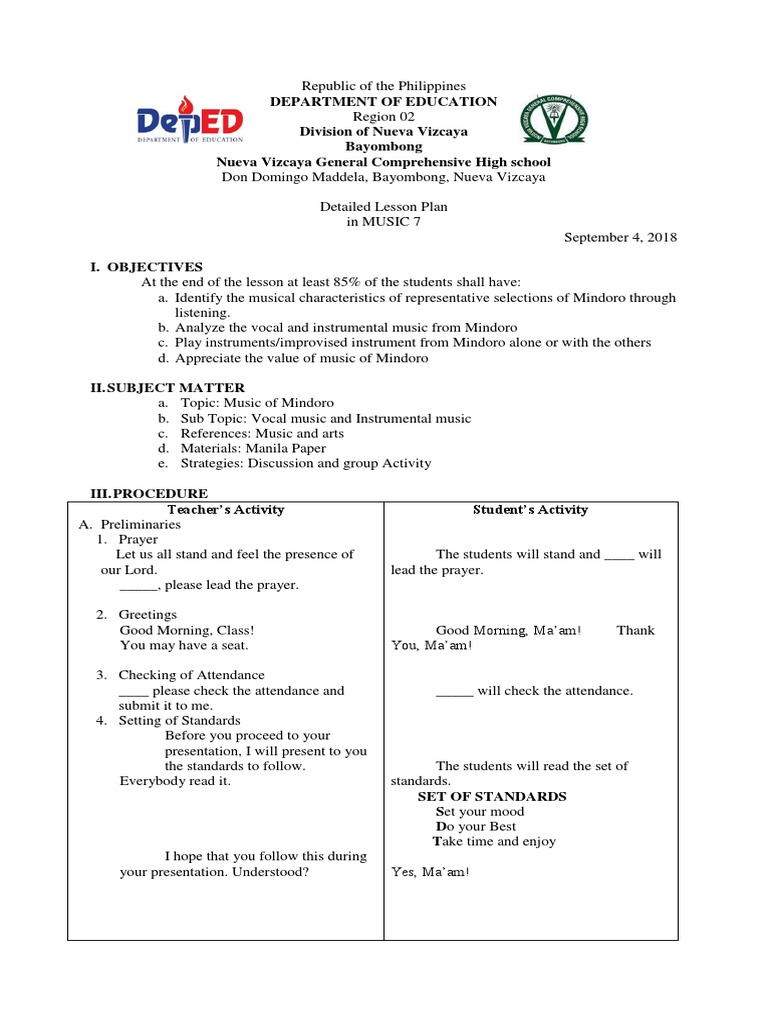 Mindoro Music Lesson Plan for Grade 7 | PDF | Entertainment (General)