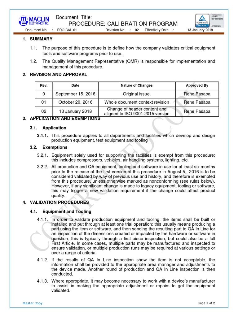 PROCAL01 Measuring Equipment Calibration Program PDF Verification