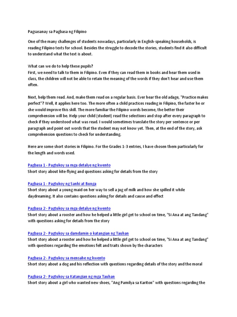 Pagsasanay Sa Pagbasa Ng Filipino Download Free Pdf Reading
