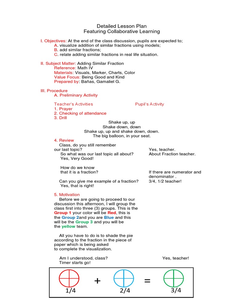 Adding Similar Fractions Lesson Plan | PDF | Fraction (Mathematics ...