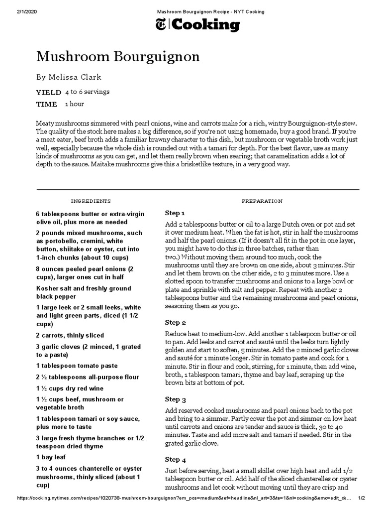 Mushroom Bourguignon Recipe - NYT Cooking | PDF | Tablespoon | Garlic