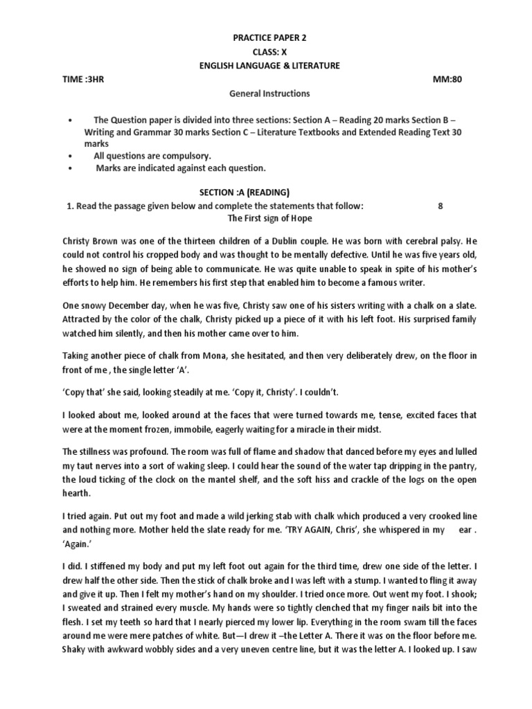 Class X English Practice Paper 2 | PDF