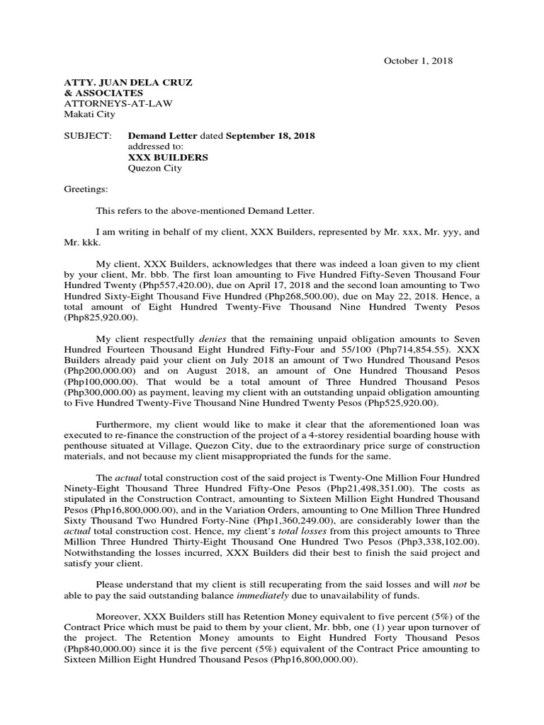 Sample Reply To Demand Letter - Infrastructure Contract Dispute 