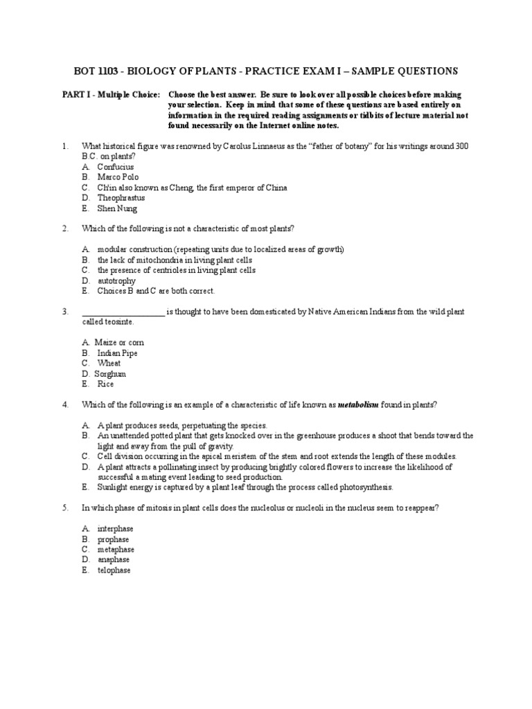 Botany Practice Exam Sample Questions | PDF | Cell (Biology) | Tissue ...