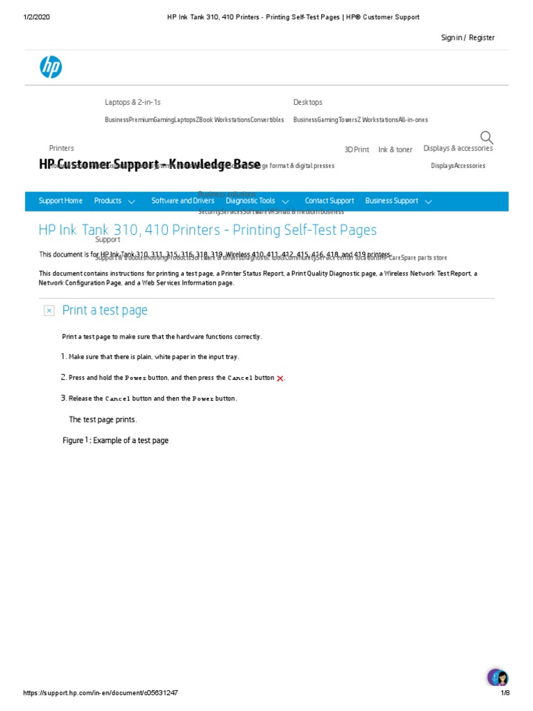 HP Ink Tank 310, 410 Printers Printing SelfTest Pages HP® Customer