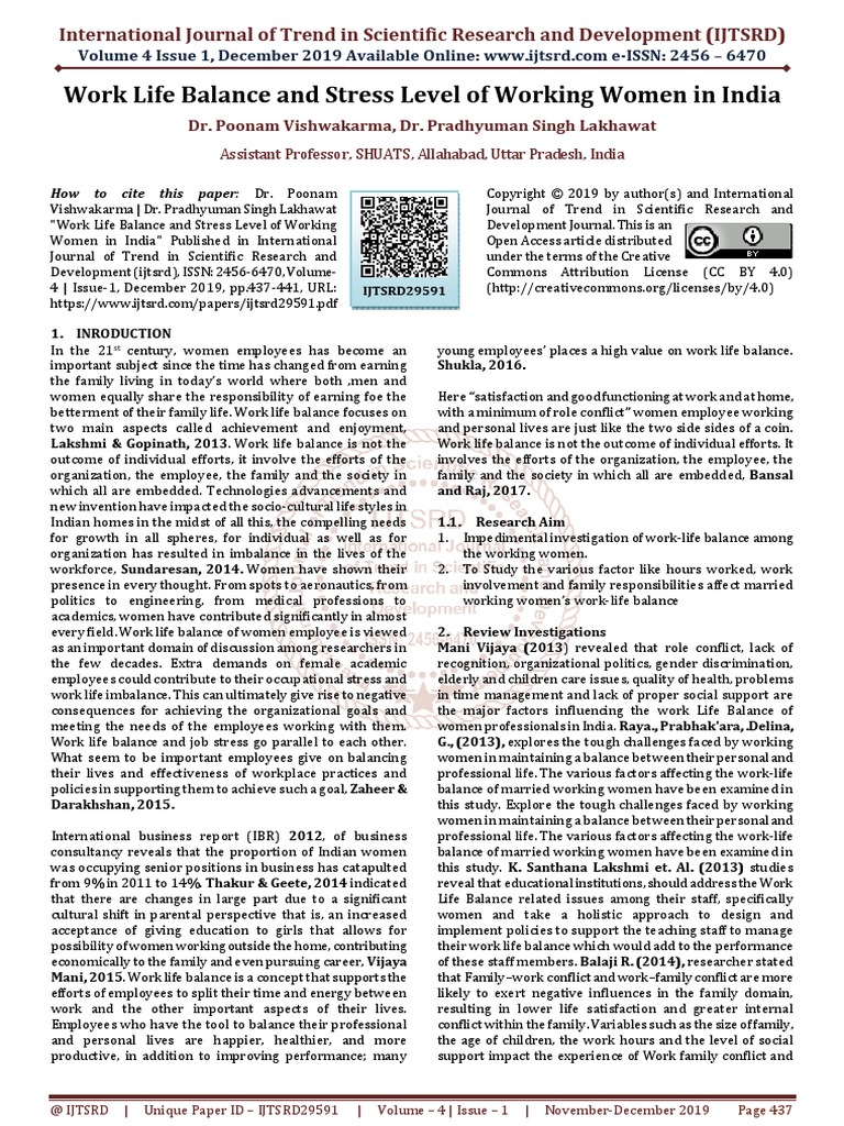 Work Life Balance and Stress Level of Working Women in India | PDF ...