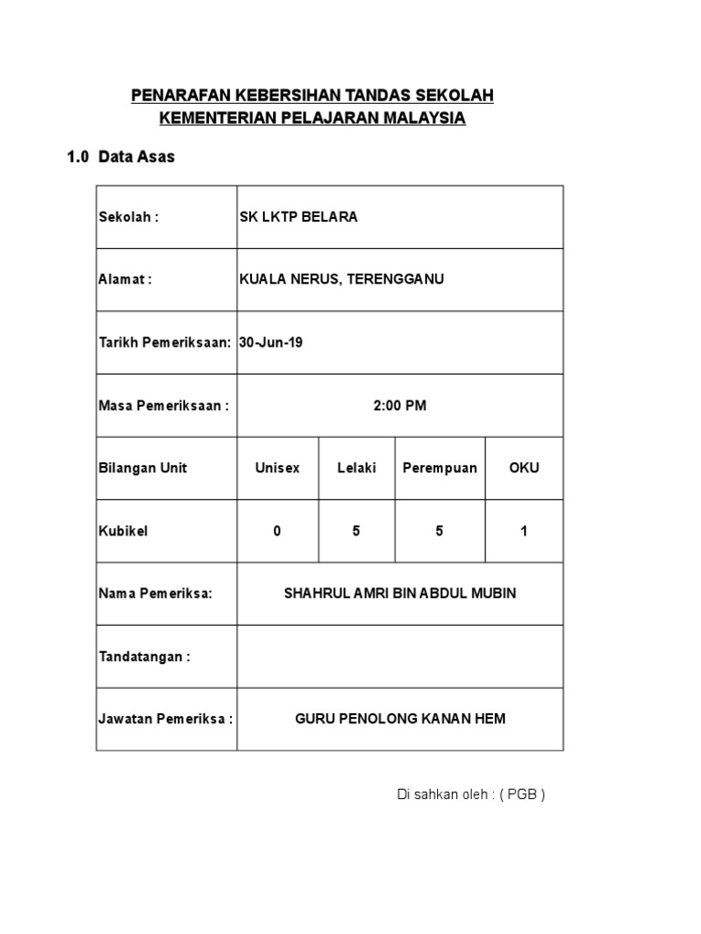Borang Penarafan Tandas Kiraan Auto New Pdf