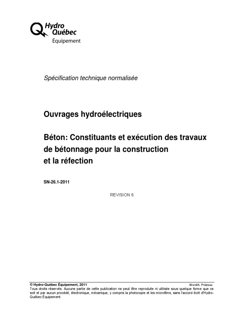 Page De Garde Petit Cahier Cc2 SN-26 - 1-2011 - Révision 6 - Constituants Et Exécution Des Travaux D -  Ouvrages Hydroélectriques PDF | PDF | Béton | Matériaux de construction