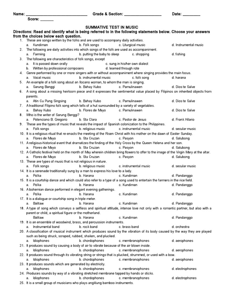 Summative Test in Music and Arts | PDF | String Instruments | Musical ...