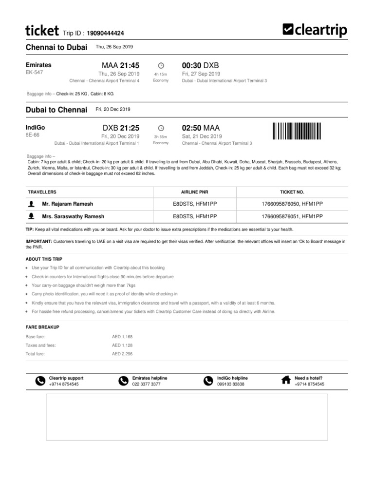 Cleartrip Flight ETicket PDF Aviation Transport
