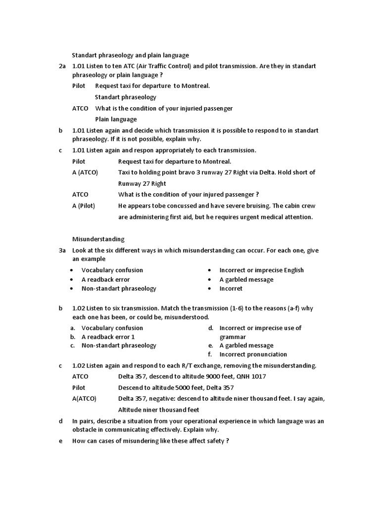 Standart Phraseology and Plain Language PDF Runway Air Traffic