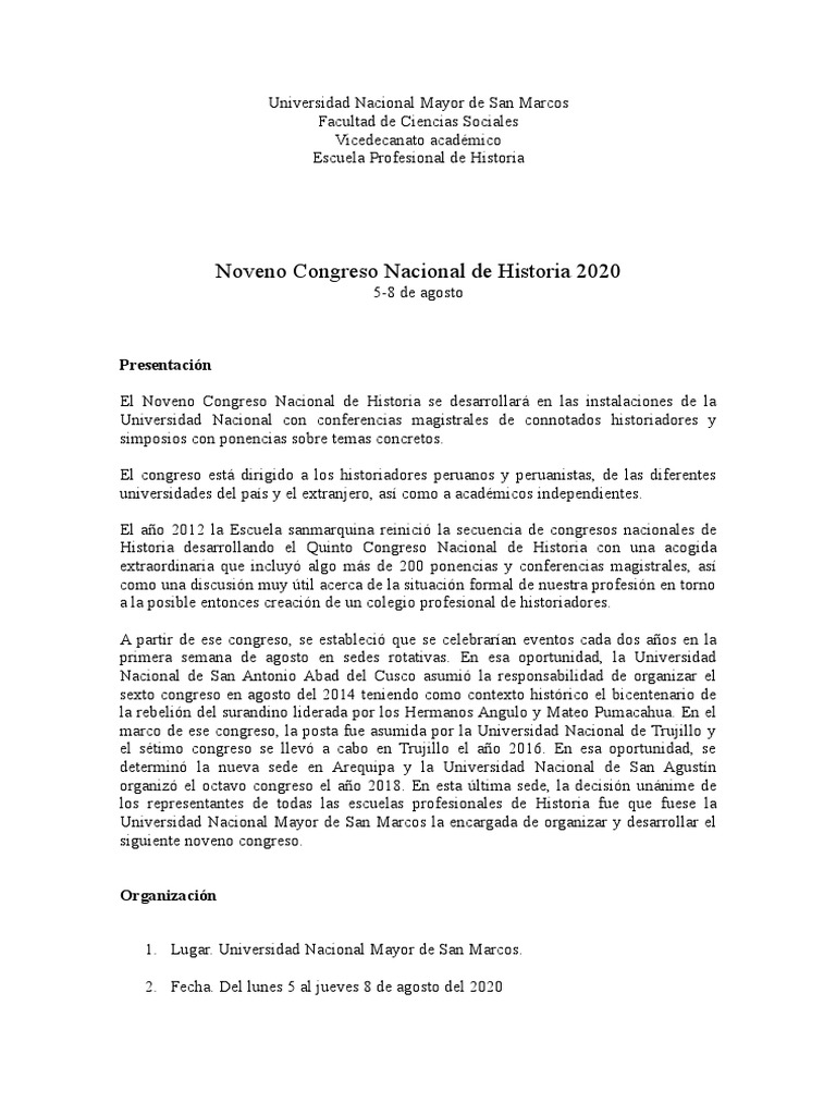 Noveno Congreso Nacional de Historia 2020 | PDF | Universidad ...