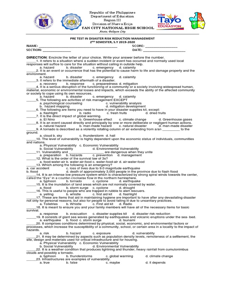 Pre-Test on Disaster Risk Reduction | PDF | Hazards | Natural Disasters