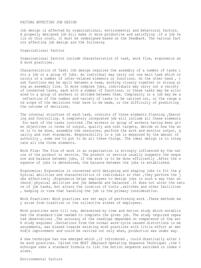 Factors Affecting Job Design Human Factors And Ergonomics Motivation