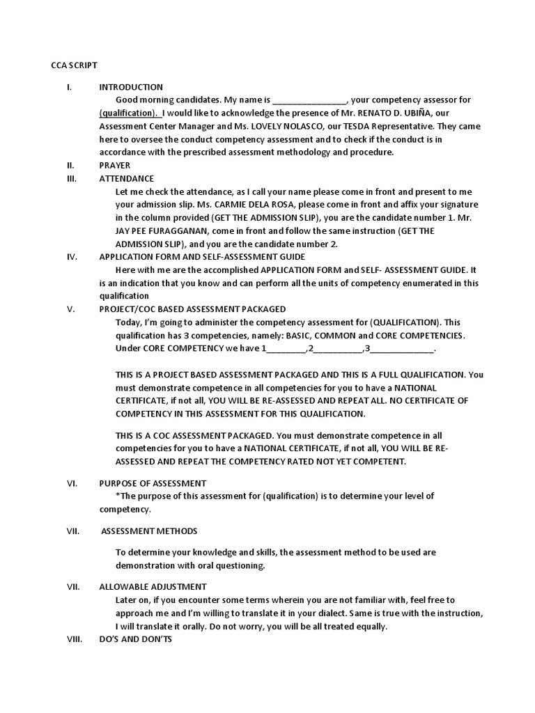 Competency Assessment Script Guide | PDF