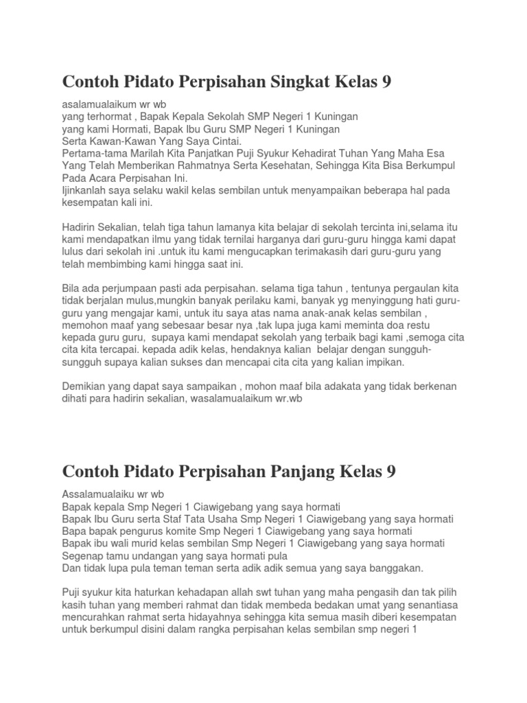 Contoh Pidato Perpisahan Singkat Kelas   PDF