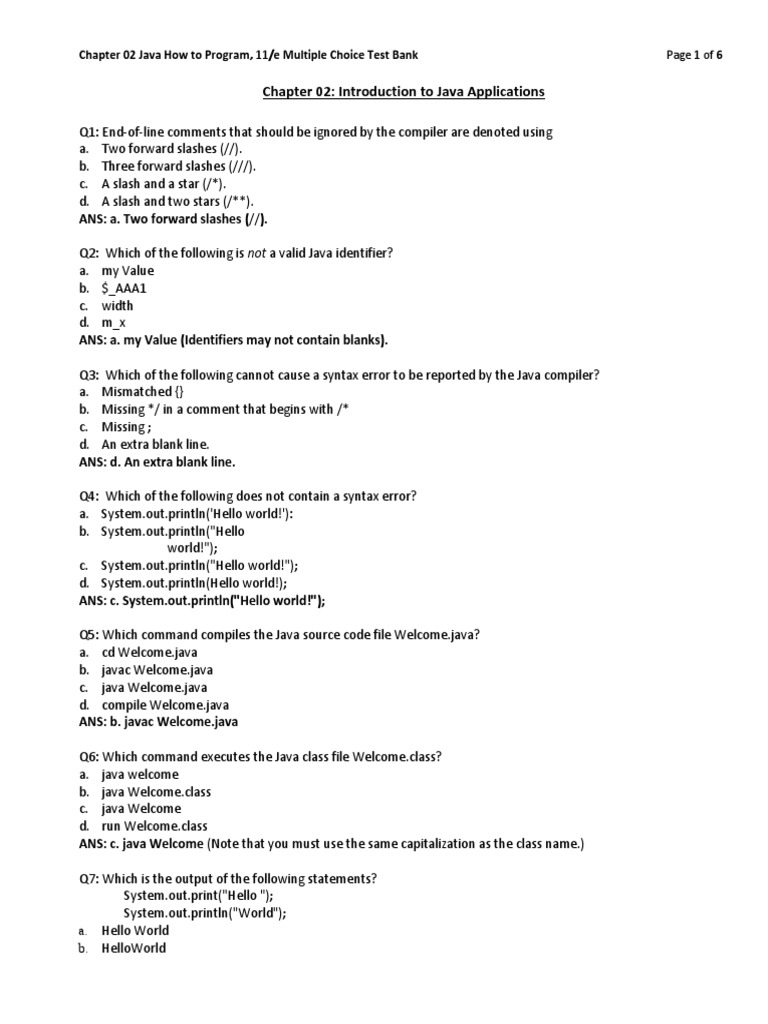 Java Basics: Multiple Choice Questions | PDF | Integer (Computer ...