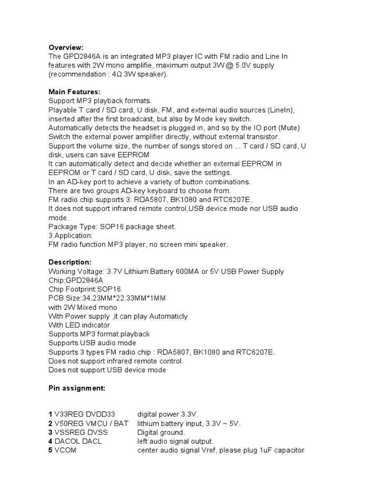 GPD2846A MP3 Player IC Overview | PDF | Usb | Amplifier