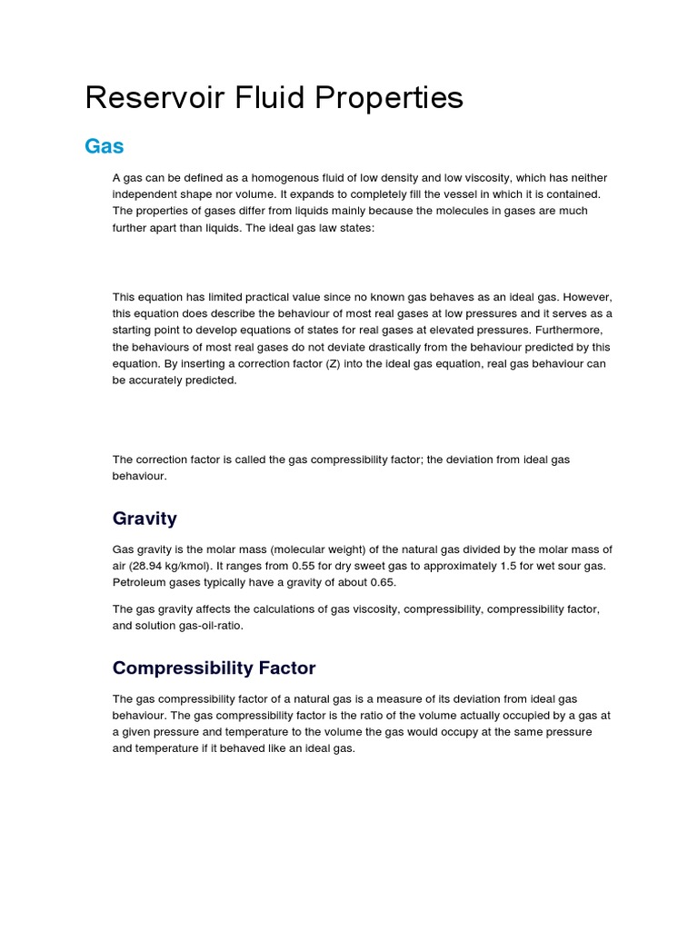Reservoir Fluid Properties PDF Gases Viscosity
