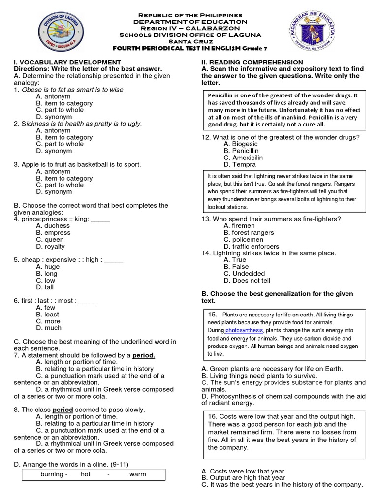 Grade 7 4th Quarter Exam PDF Carbon Chocolate