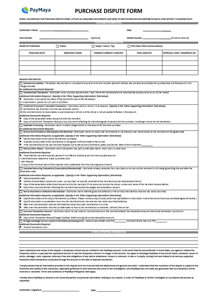 PayMaya Purchase Dispute Form Guide | PDF | Financial Transaction ...