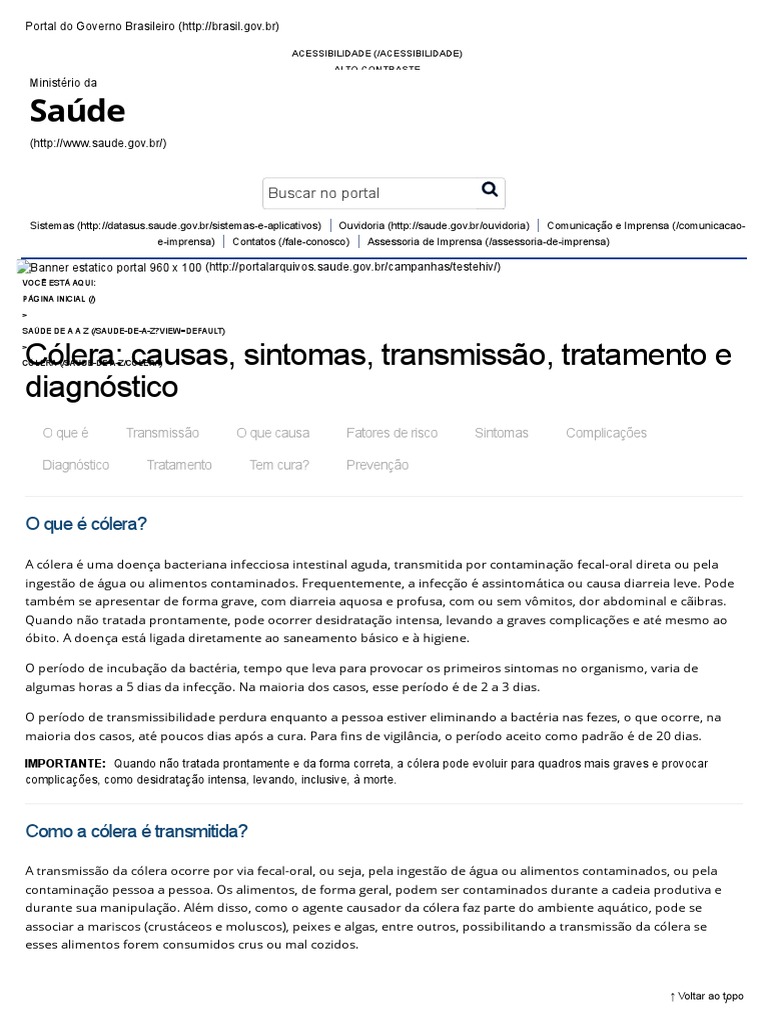 Cólera: Causas, Sintomas, Transmissão, Tratamento e Diagnóstico | PDF ...