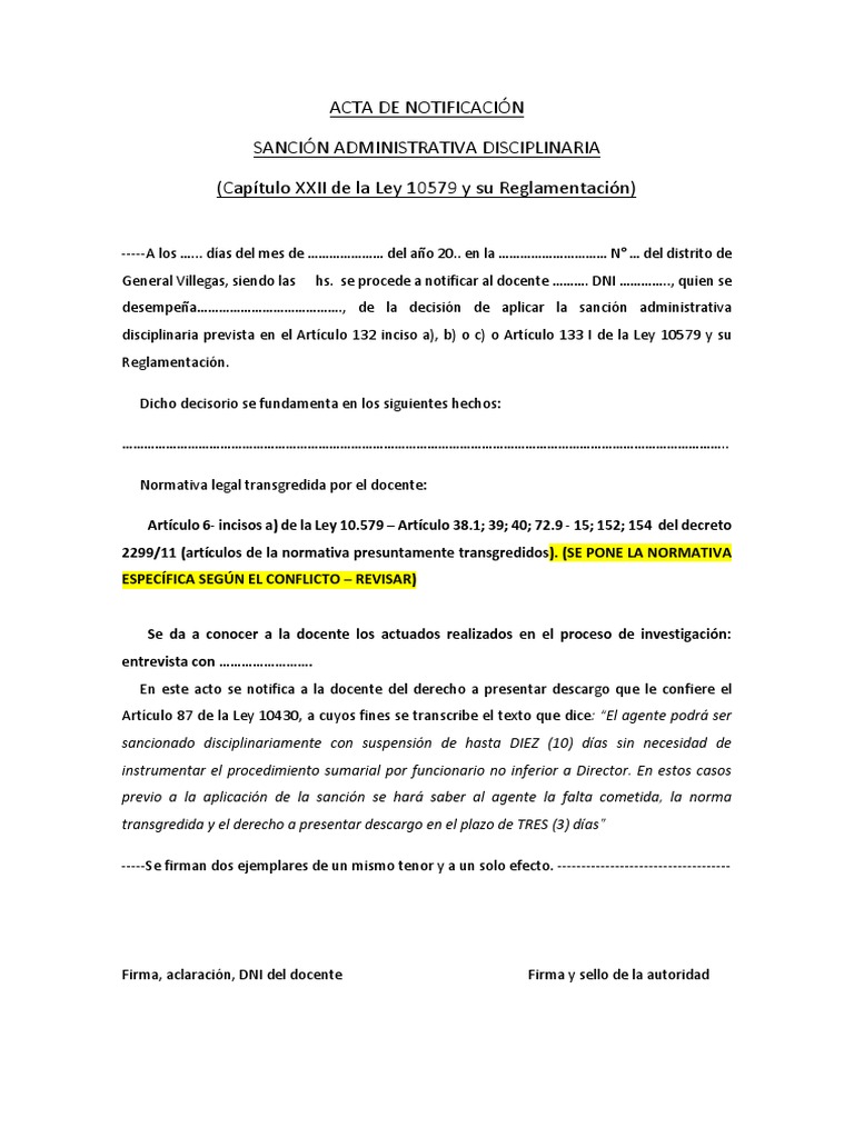 Acta de Notificación - Modelo - Sanción | PDF