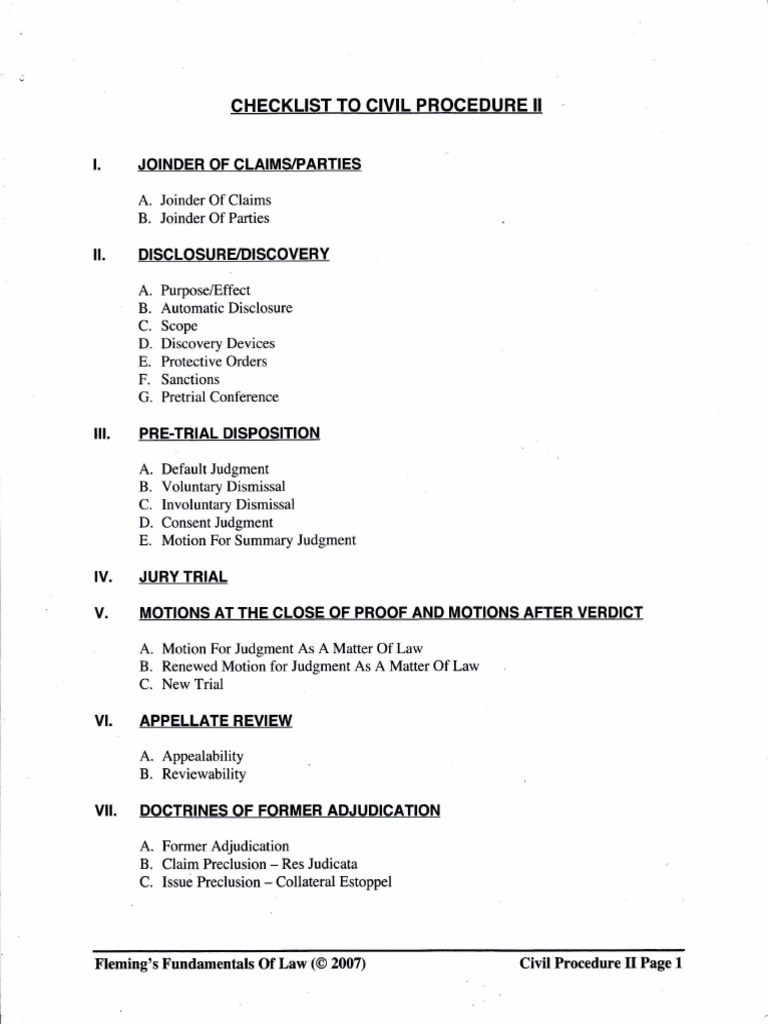 Civil Procedure II Checklist Guide | PDF | Discovery (Law) | Class Action