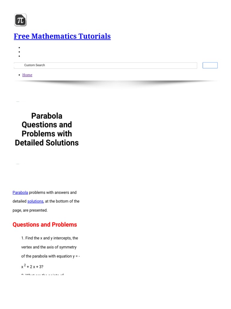 Parabola Questions and Problems With Detailed Solutions | PDF ...