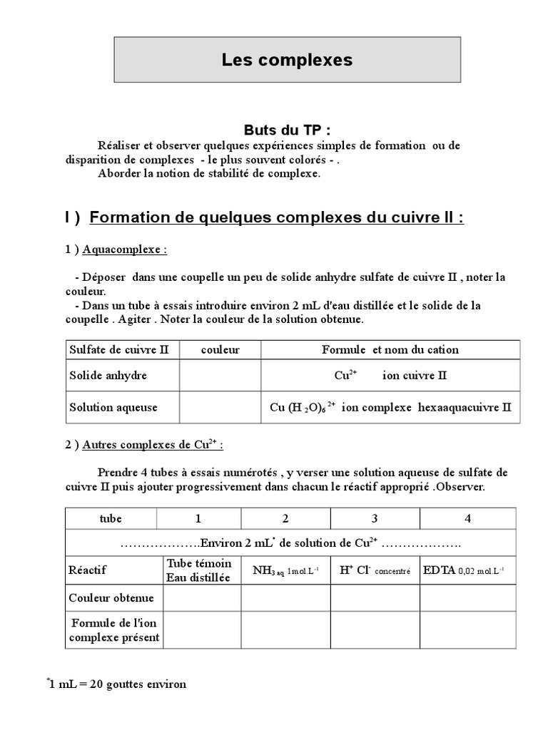 Tp Identification Des Ions Dans Une Eau Minérale Correction TP Complexes | PDF | Dissociation (chimie) | Cuivre