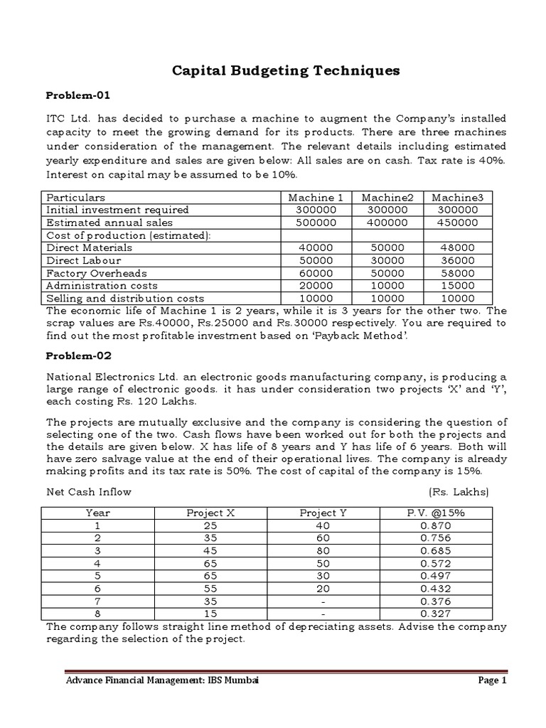 Capital Budgeting Techniques Npv Irr Payback Pdf Capital
