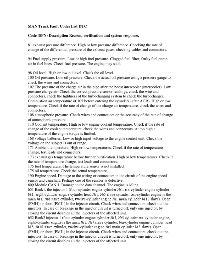 MAN Truck Fault Codes Overview | PDF | Turbocharger | Rotating Machines