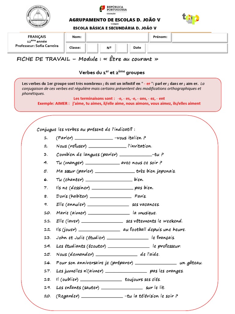 Les Groupes De Verbes Exercices Corrigés Pdf Fiche Verbes 1er Et 2eme Groupe | PDF | Verbe | Typologie linguistique