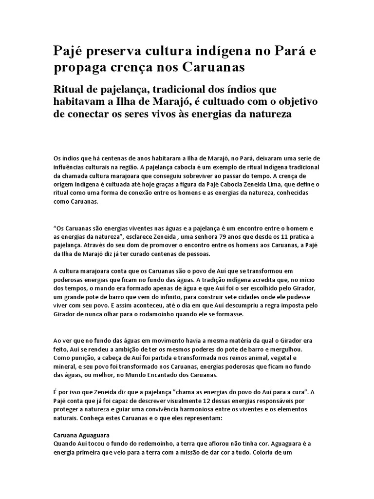 Pajé Preserva Cultura Indígena No Pará e Propaga Crença Nos Caruanas, PDF, Mar