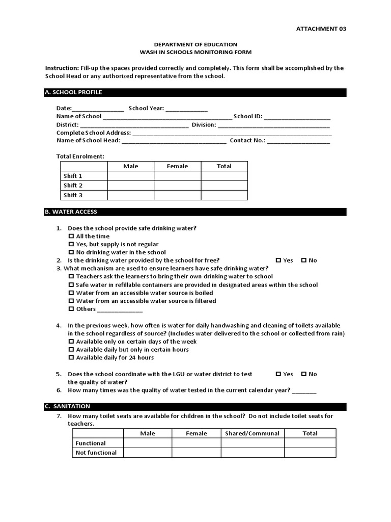 WinS Monitoring Form | PDF | Drinking Water | Hand Washing