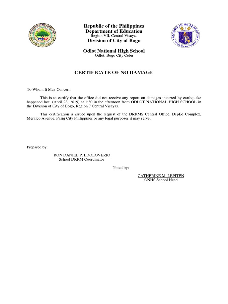 Certificate of No Damage PDF
