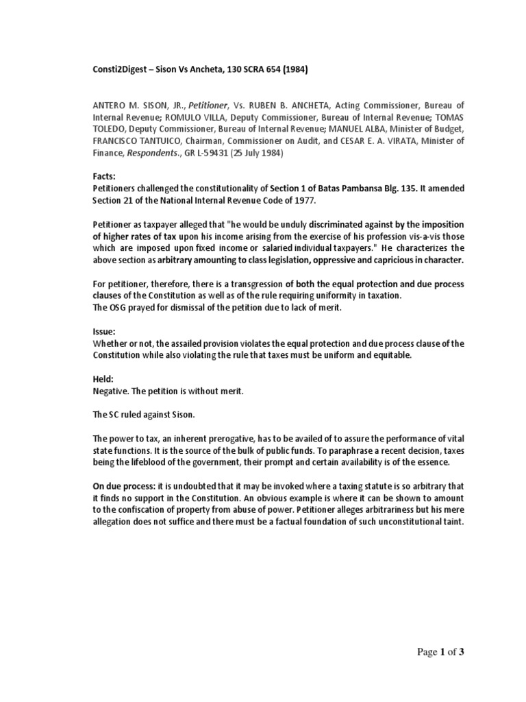 Consti2digest sison vs ancheta 130 scra 654 1984 pdf income tax