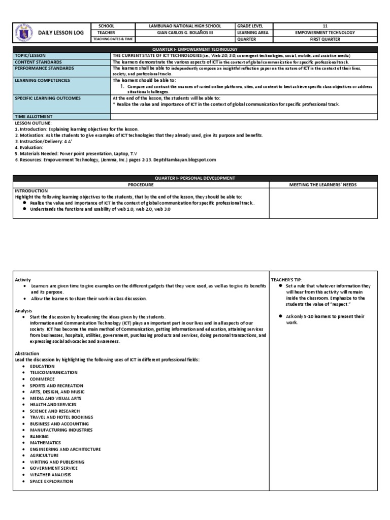 Empowerment Technology Lesson 1 DLL | PDF | Educational Technology ...