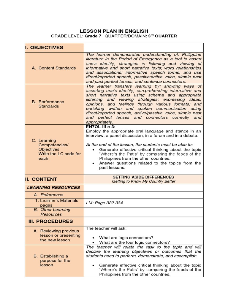Filipino Foods Debate Lesson Plan | PDF | Narrative | Lesson Plan