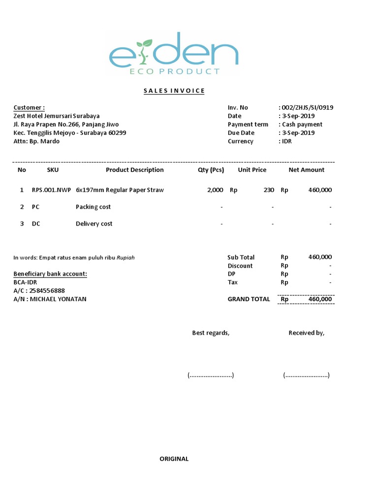 INVOICE - Zest Hotel Surabaya - Original | PDF | Indonesian Rupiah ...