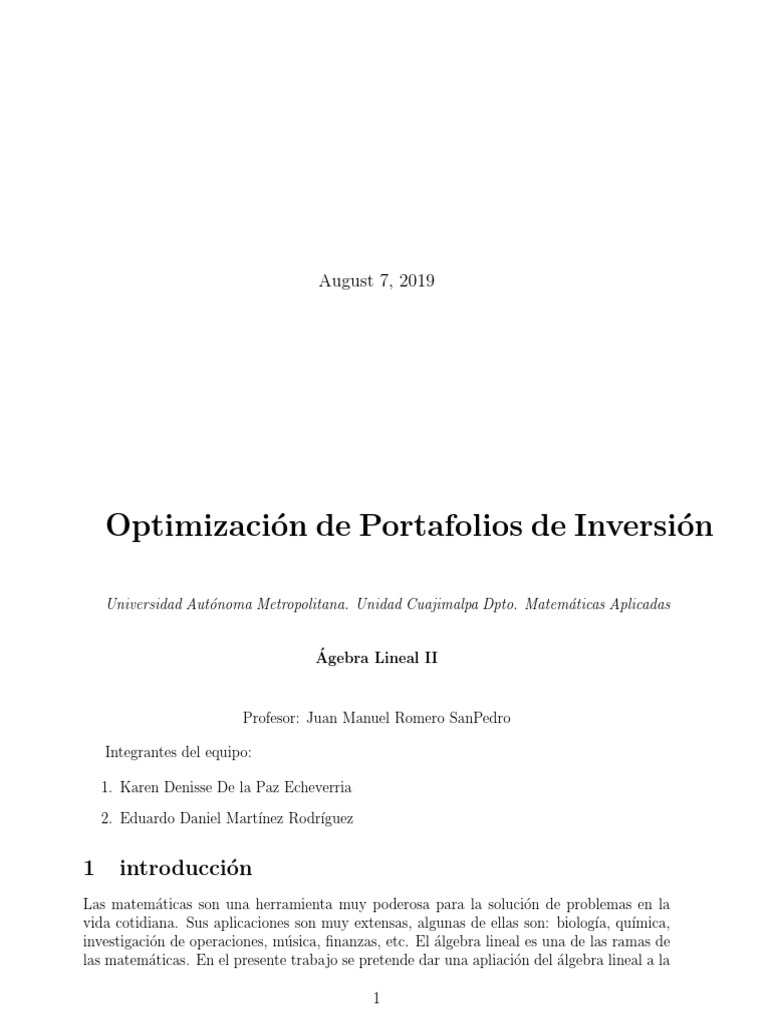 Optimización de Portafolios de Inversión | PDF | Matemáticas Aplicadas ...