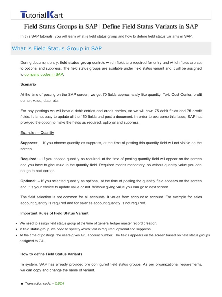 Define Field Status Variants In Sap