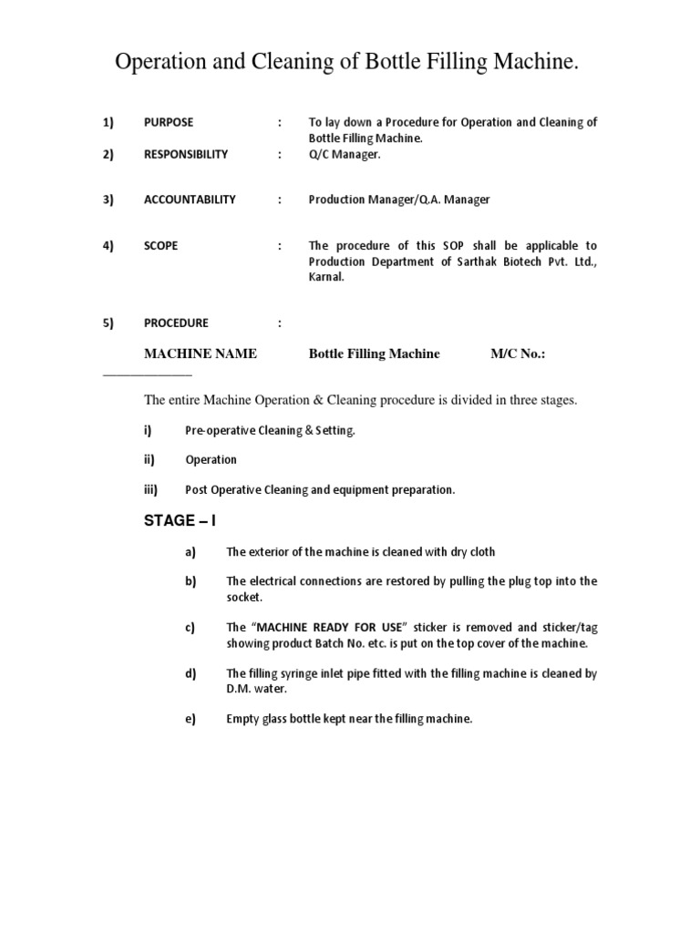 Sop For Operation & Cleaning of Bottle Filling Machine PDF