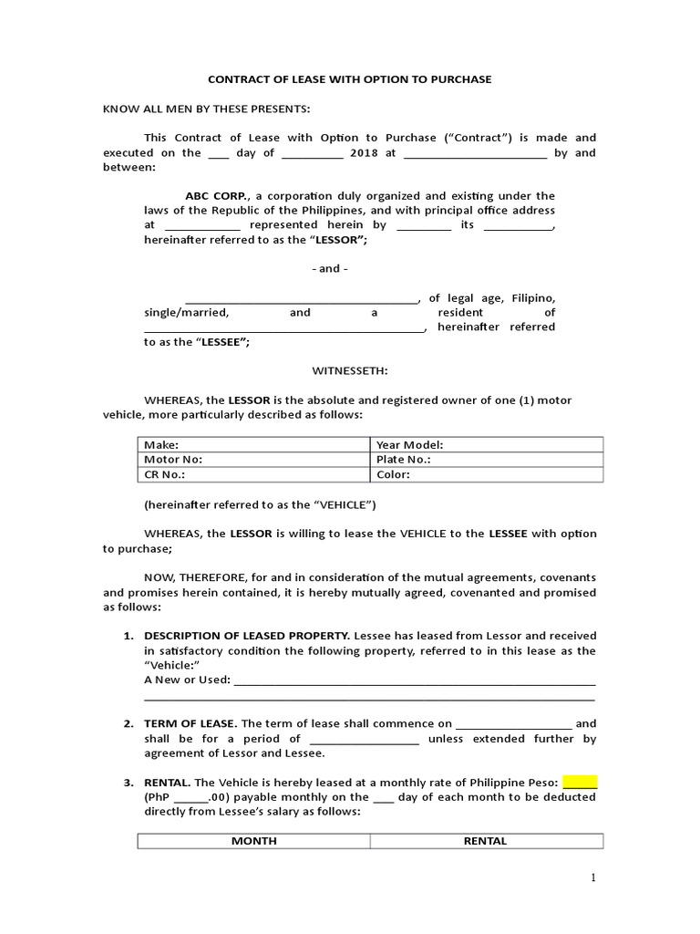 Contract for Lease of Vehicle with Option to Purchase Key Terms and