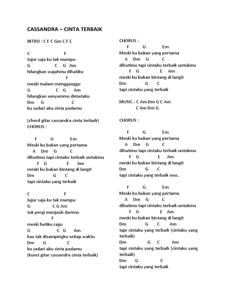 Chord Cassandra Lee Cinta Terbaik Chordtela