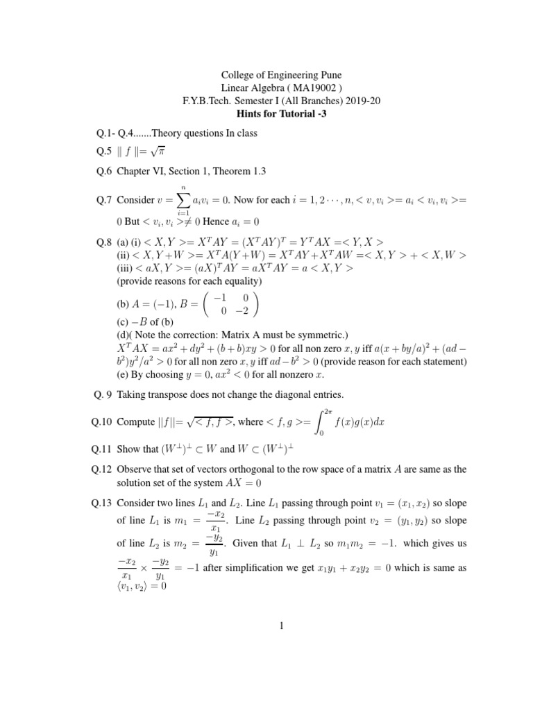 Tutorial 3 Hints Basis Linear Algebra Vector Space